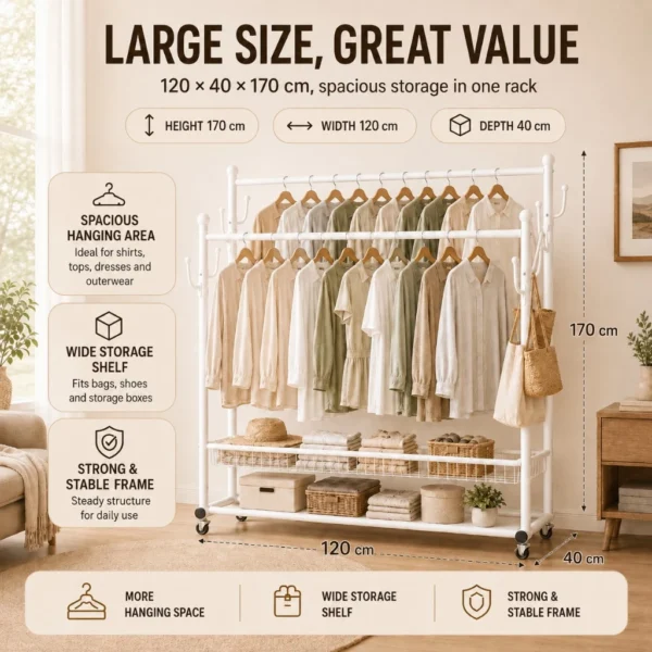 Random nivison 2 Tier Double Clothes Rack L120cm W40cm H170cm