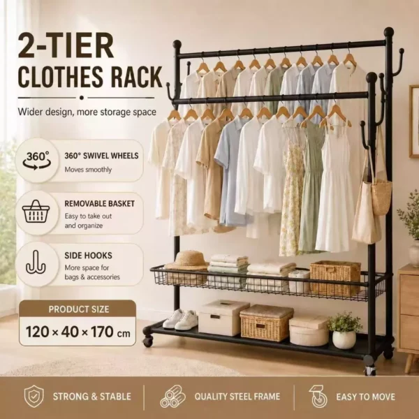 Random nivison 2 Tier Double Clothes Rack L120cm W40cm H170cm